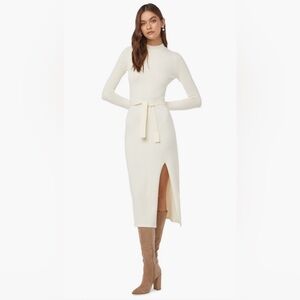 173. Just Fab Mock Neck Sweater Dress With Side Slit & Self Tie Belt. Cream Sz M